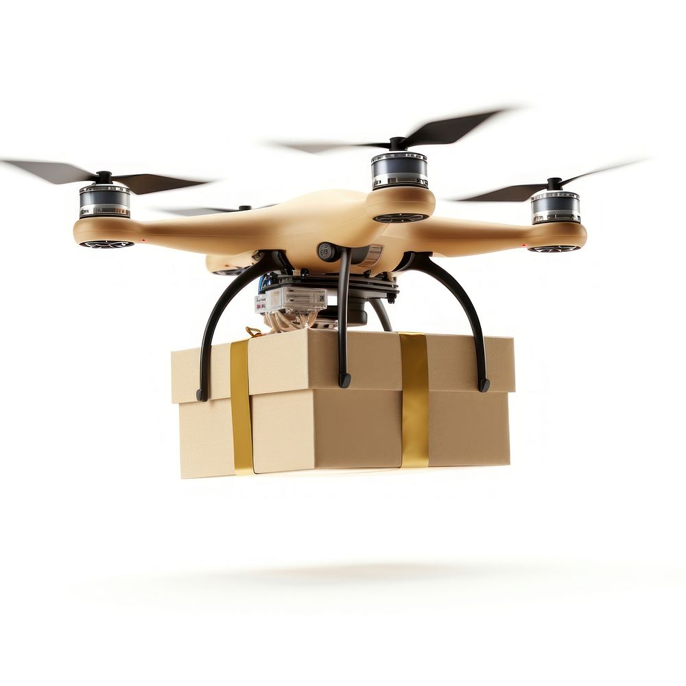 Drone UAV In Flight With Package Attached cardboard package drone. AI generated Image by rawpixel.