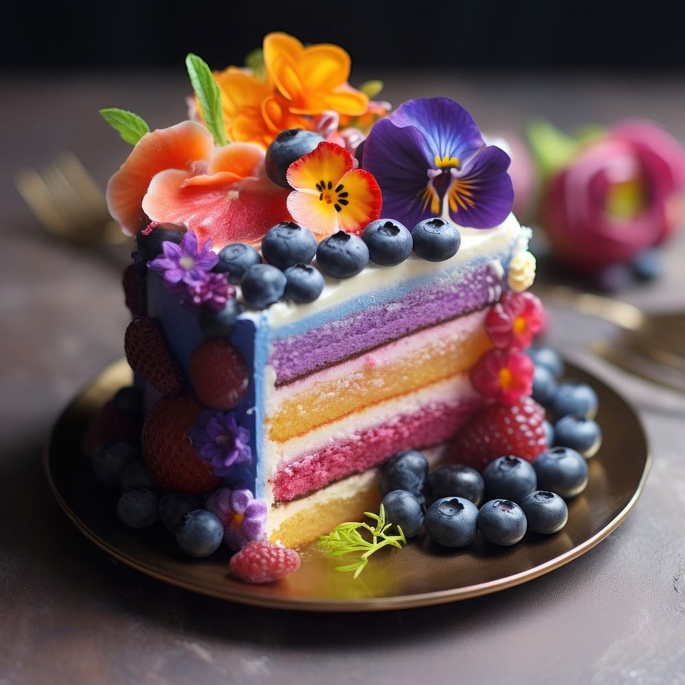Rainbow cake blueberry flower fruit. AI generated Image by rawpixel.