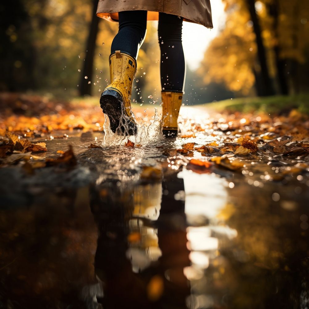 Woman legs walking autumn puddle. AI generated Image by rawpixel.