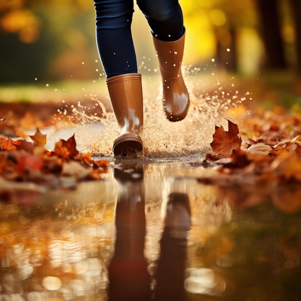 Woman legs wearing rain boots autumn puddle splashing. AI generated Image by rawpixel.