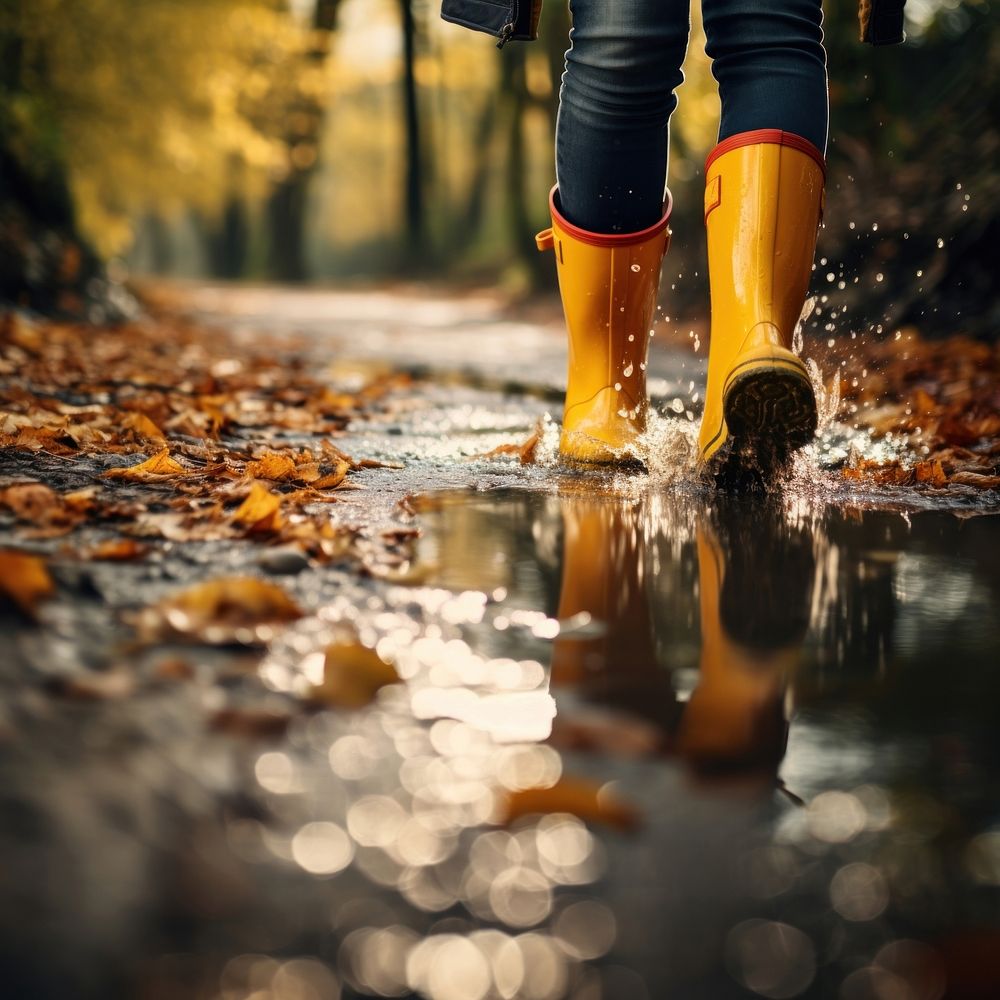 Woman legs wearing rain boots autumn puddle walking. AI generated Image by rawpixel.