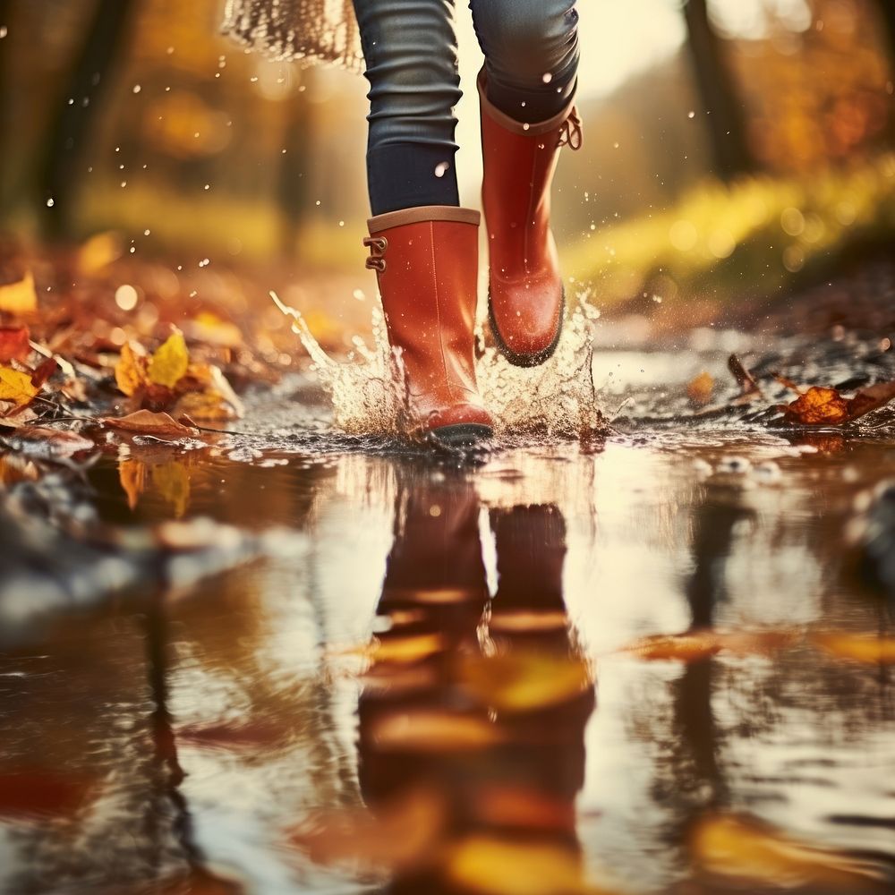 Woman legs wearing rain boots puddle footwear walking. AI generated Image by rawpixel.