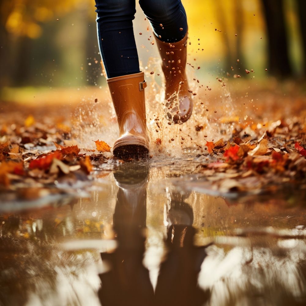 Woman legs wearing rain boots puddle splashing autumn. AI generated Image by rawpixel.