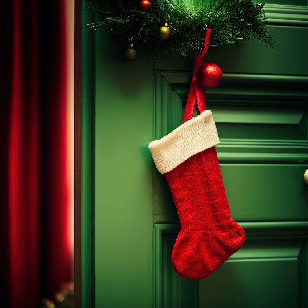 Red sock christmas gift door. AI generated Image by rawpixel.
