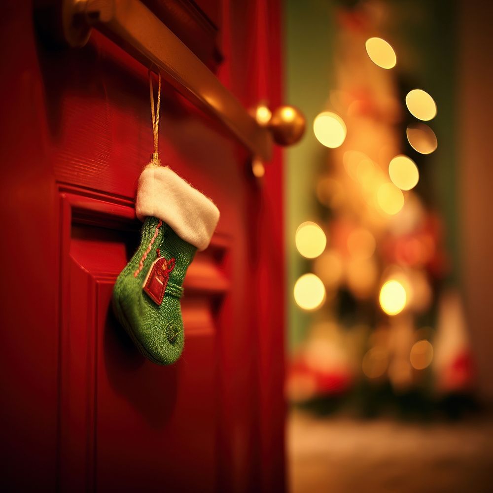 Red sock christmas gift door. AI generated Image by rawpixel.