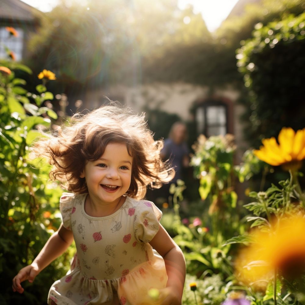 A little girl run outdoors portrait flower. AI generated Image by rawpixel.