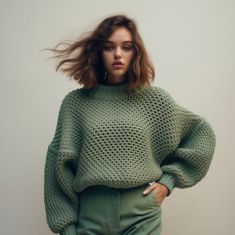 Green sweater contemplation hairstyle outerwear. AI generated Image by rawpixel.