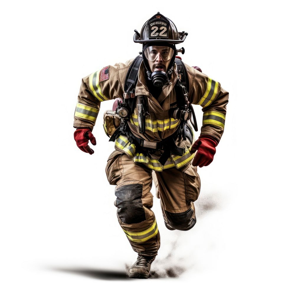 Firefighter running helmet adult white background. AI generated Image by rawpixel.