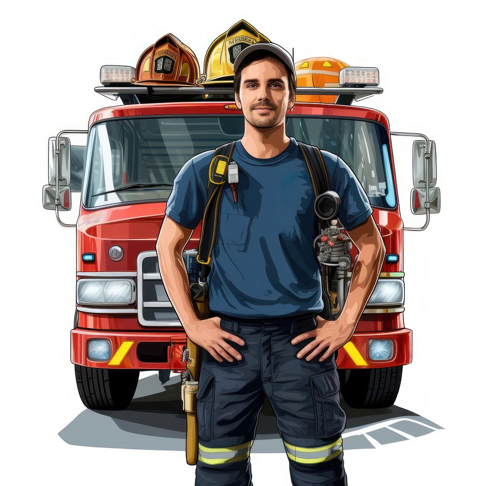 Firefighter standing vehicle adult. AI generated Image by rawpixel.