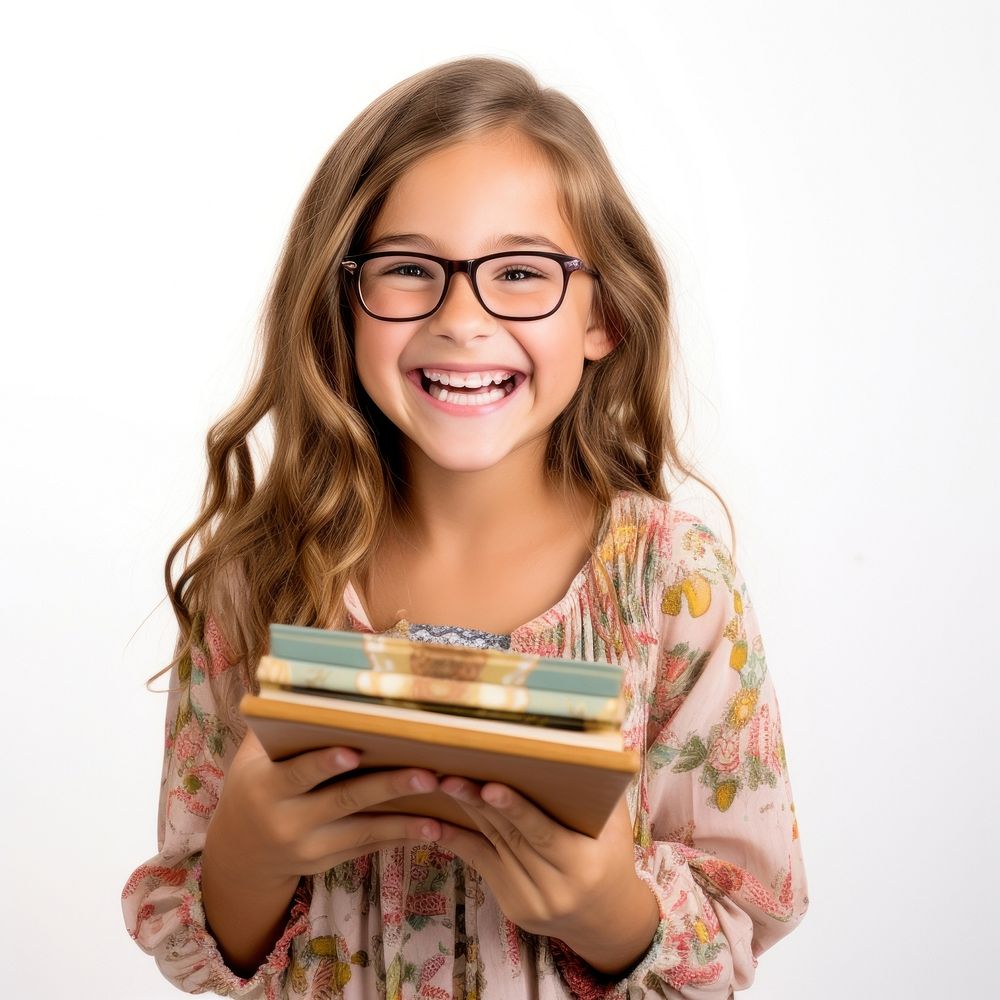 Happy girl handing book reading glasses smile. AI generated Image by rawpixel.