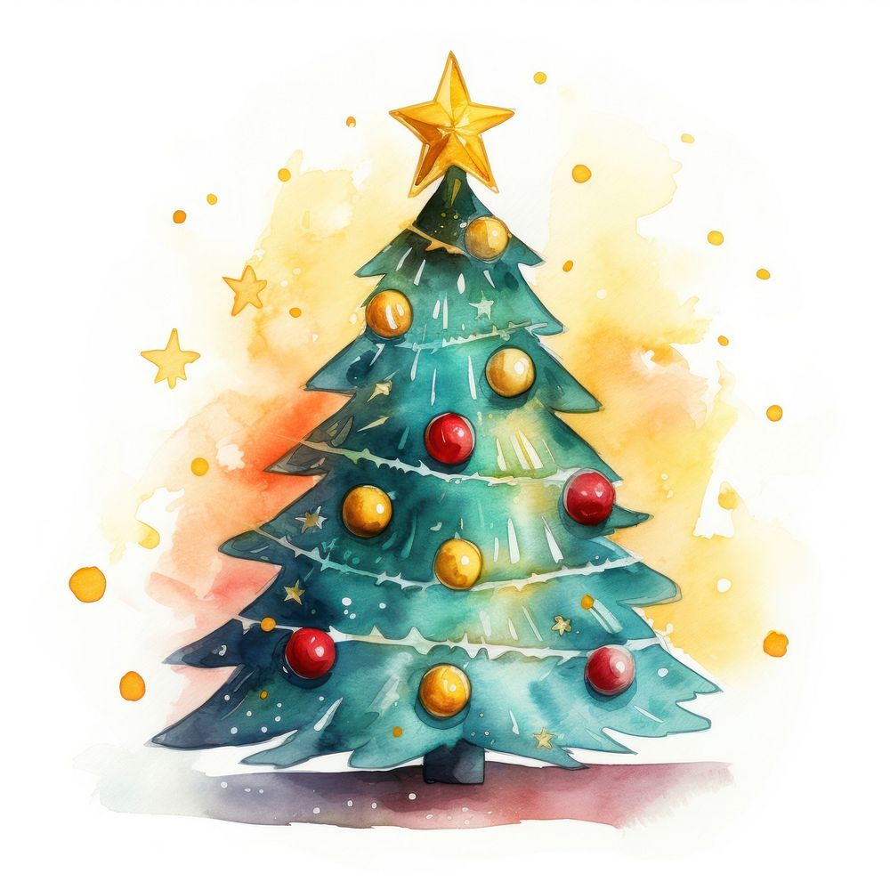 Watercolor christmas tree cartoon anticipation illuminated. AI generated Image by rawpixel.