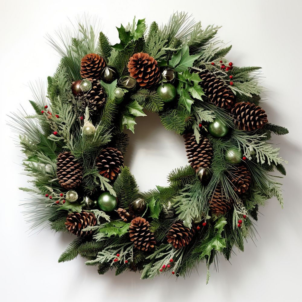 A vibrant green fir wreath featuring snowflakes christmas decoration plant. AI generated Image by rawpixel.
