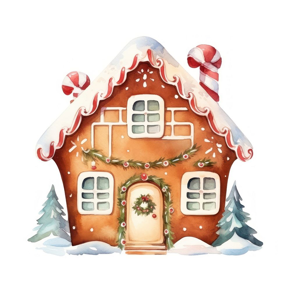 Gingerbread house, Christmas watercolor illustration
