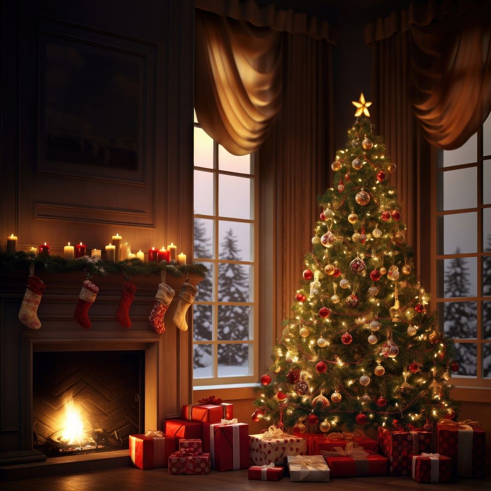 Christmas tree christmas fireplace christmas tree. AI generated Image by rawpixel.