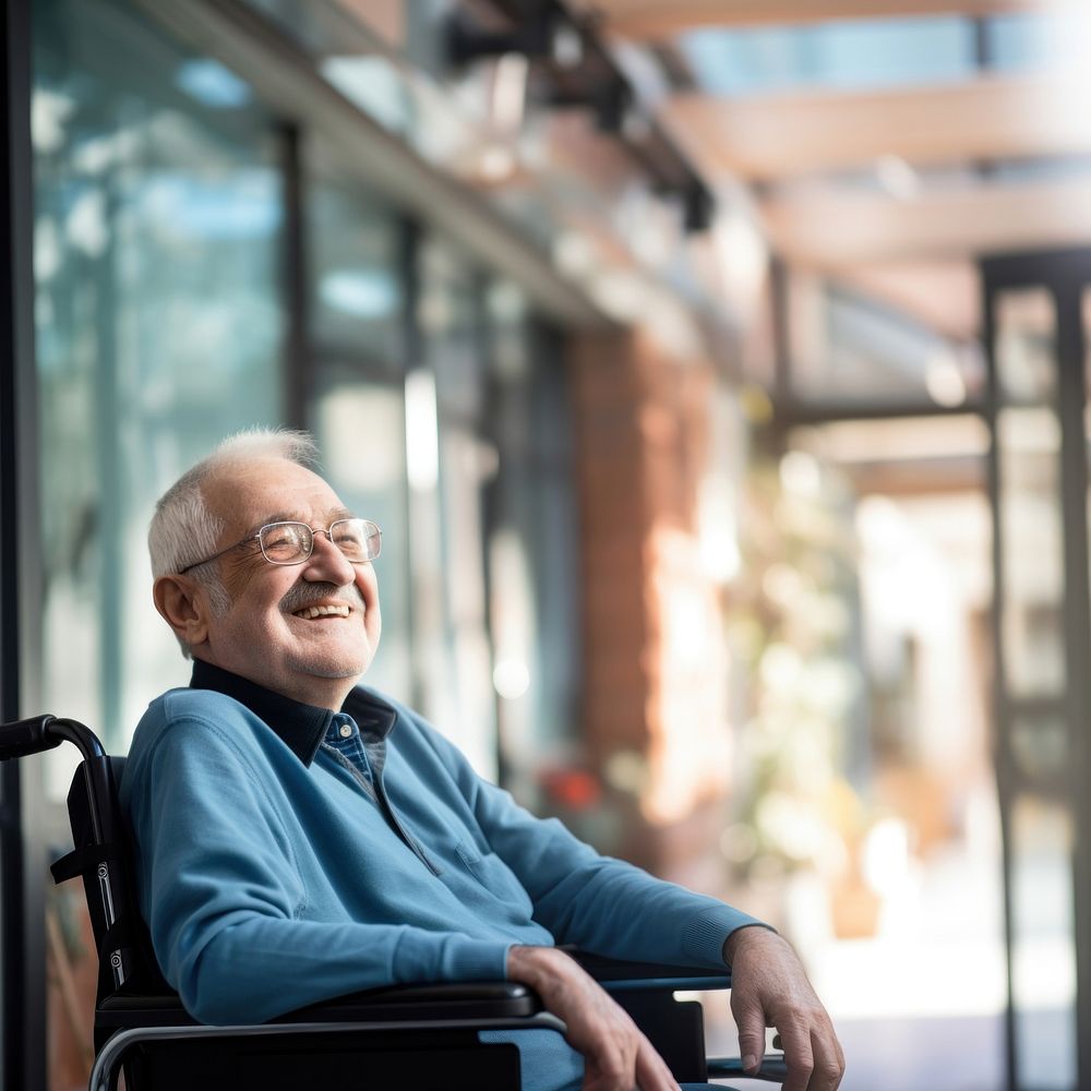 Grandpa smiling wheelchair sitting adult. AI generated Image by rawpixel.