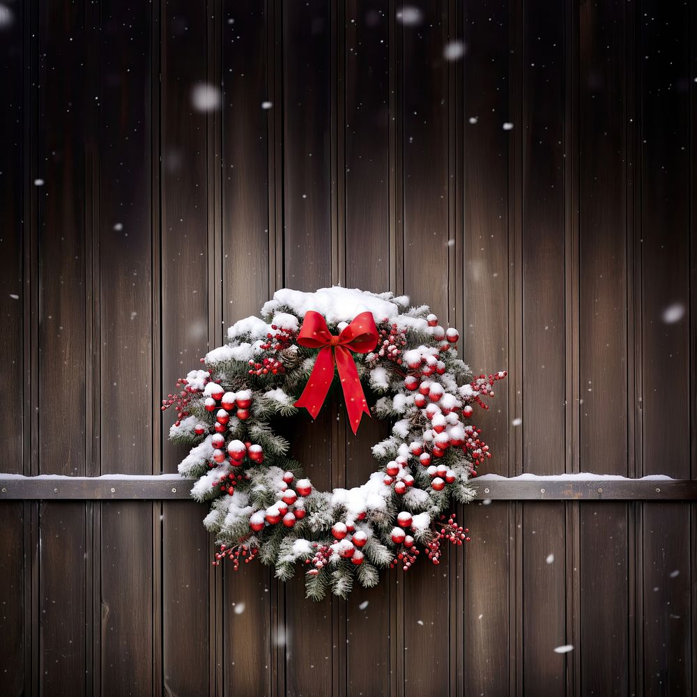 Christmas wreath wood snow illuminated. AI generated Image by rawpixel.