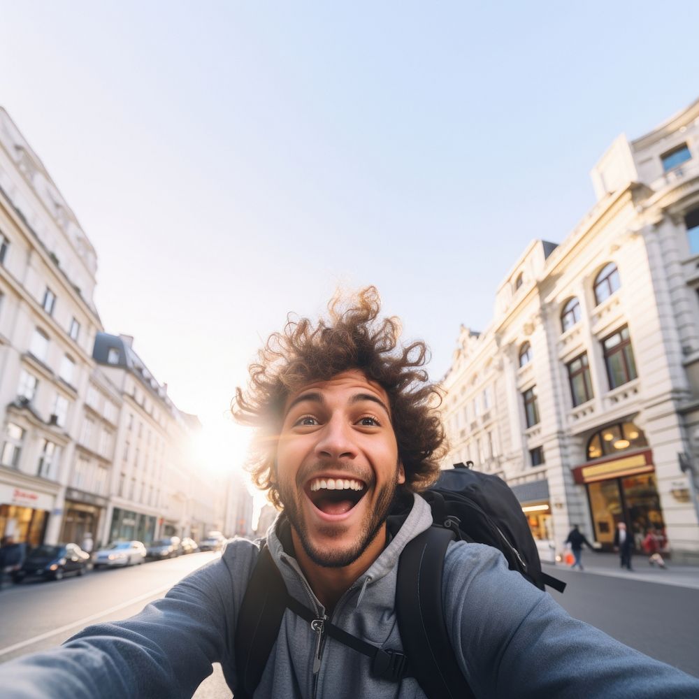 Selfie city photography laughing. AI generated Image by rawpixel.