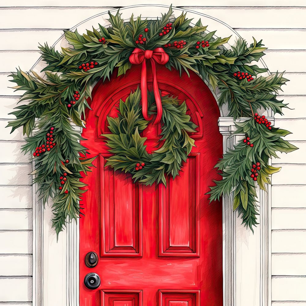 Christmas wreath door red architecture. AI generated Image by rawpixel.