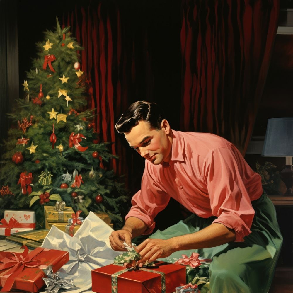 Wrapping christmas gifts adult man celebration. AI generated Image by rawpixel.