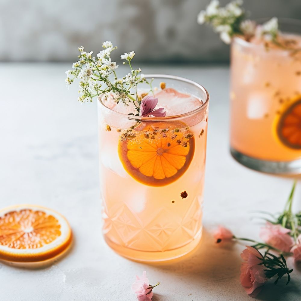 Grapefruit gin fizz cocktail lemonade flower drink. AI generated Image by rawpixel.