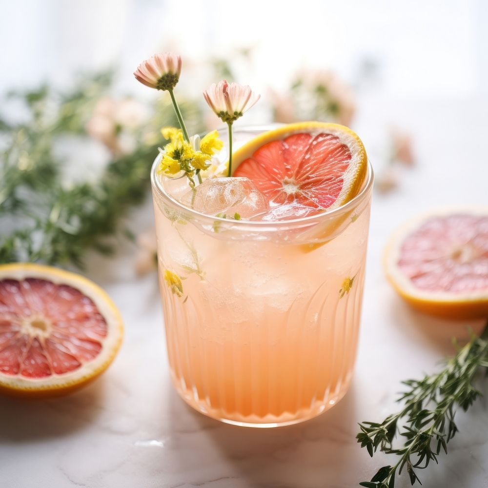 Grapefruit gin fizz cocktail flower drink plant. AI generated Image by rawpixel.