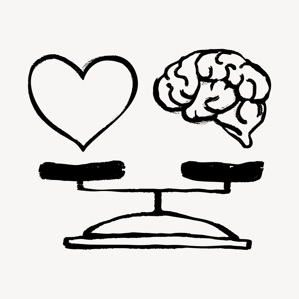 Heart and brain on scale doodle, illustration vector
