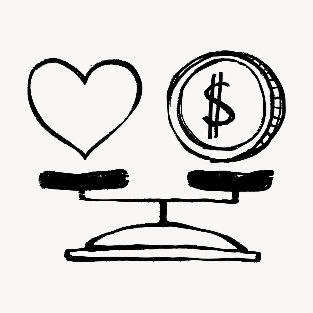 Heart and money on scale doodle, illustration vector