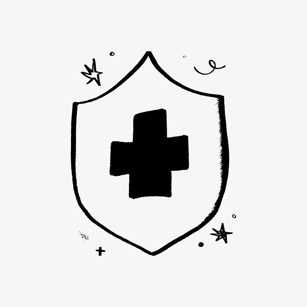 Health insurance, shield and plus sign doodle, illustration vector