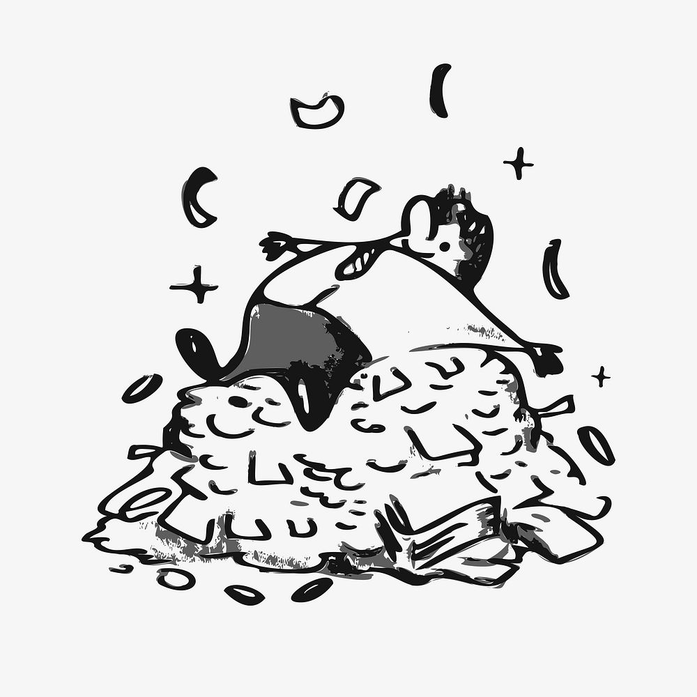 Business man on pile of money doodle, illustration vector