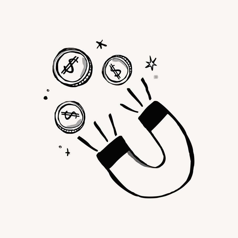 Magnet attracting money doodle, illustration vector