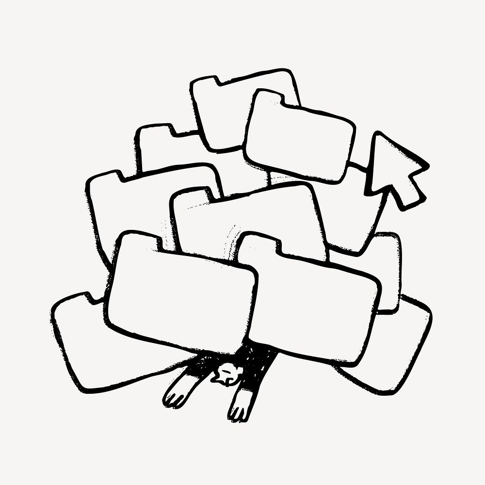 Work overload, man under files doodle, illustration vector