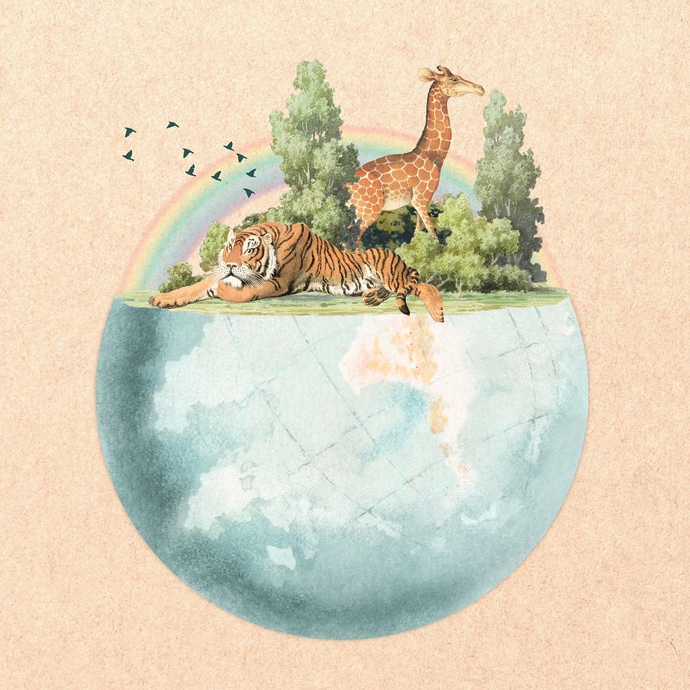 Wildlife globe rainbow, vintage illustration. Remixed by rawpixel.