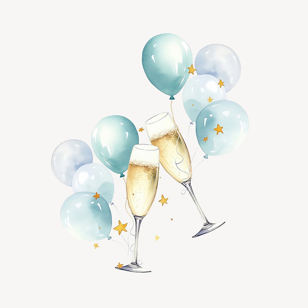 Blue balloon celebration, festive watercolor illustration