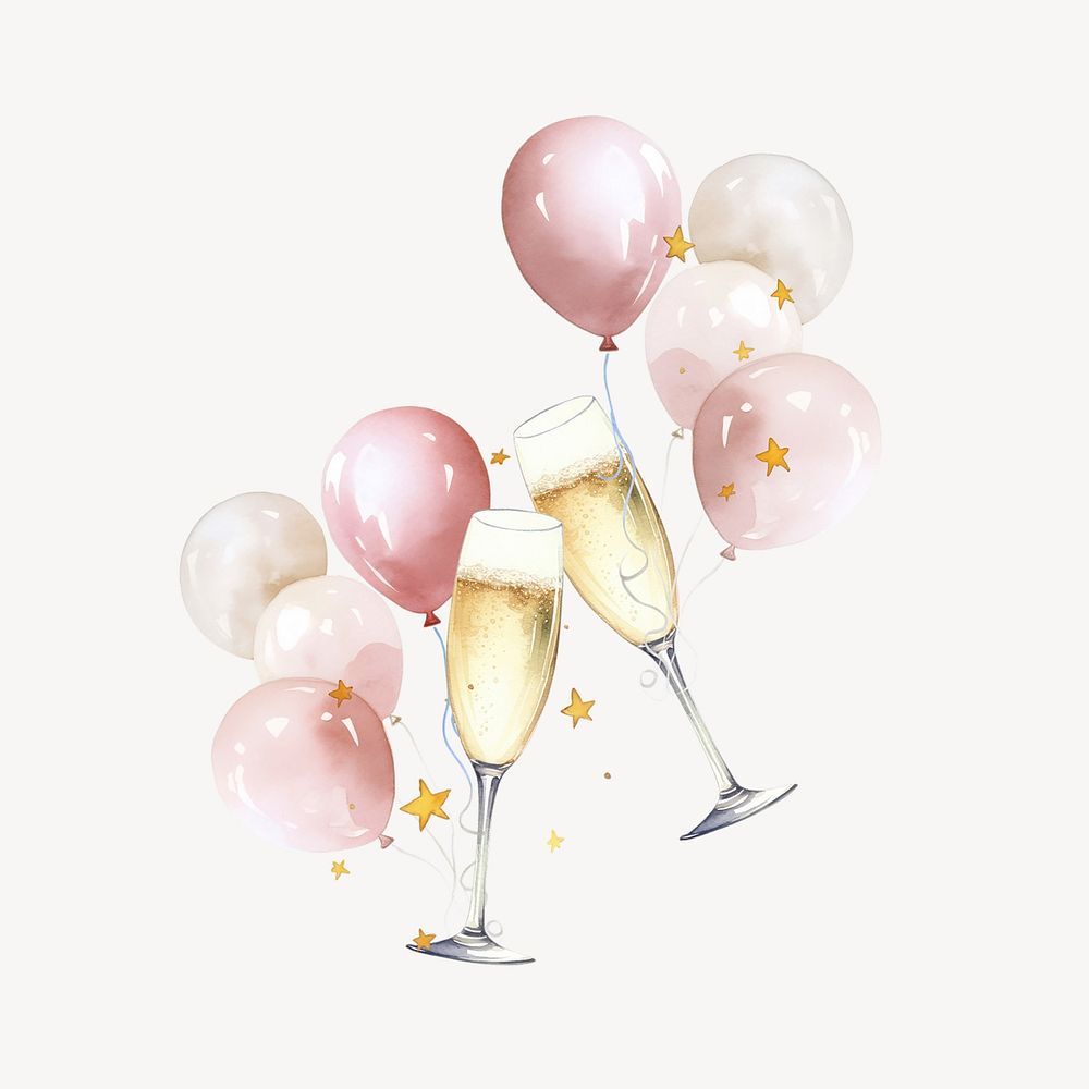 Pink balloon celebration, festive watercolor illustration