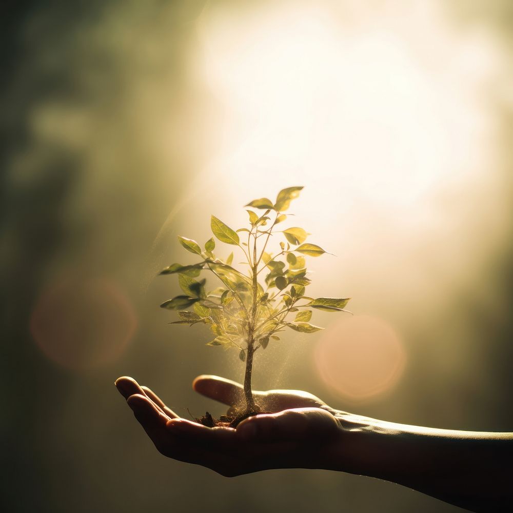 Hand silhouette holding a plant sunlight outdoors nature. AI generated Image by rawpixel.