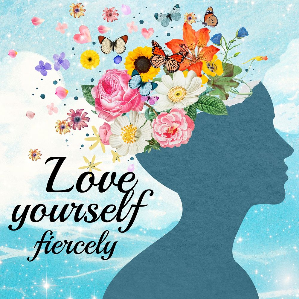 Love yourself, surreal floral collage design Instagram post template