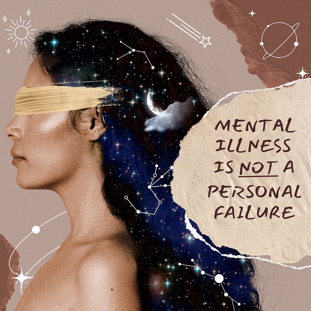 Mental illness, surreal woman paper collage design Instagram post template
