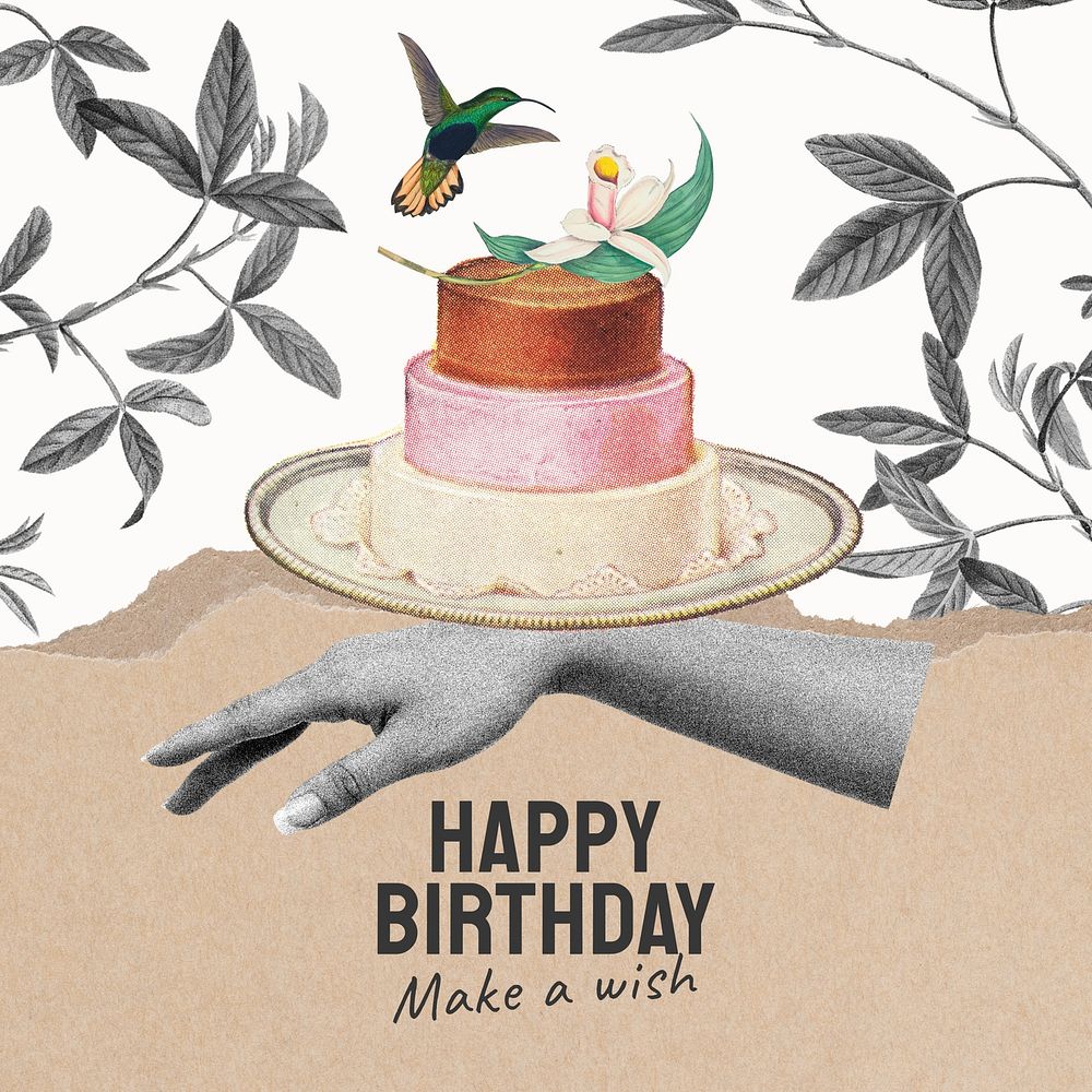 Vintage birthday, cake illustration Instagram post template