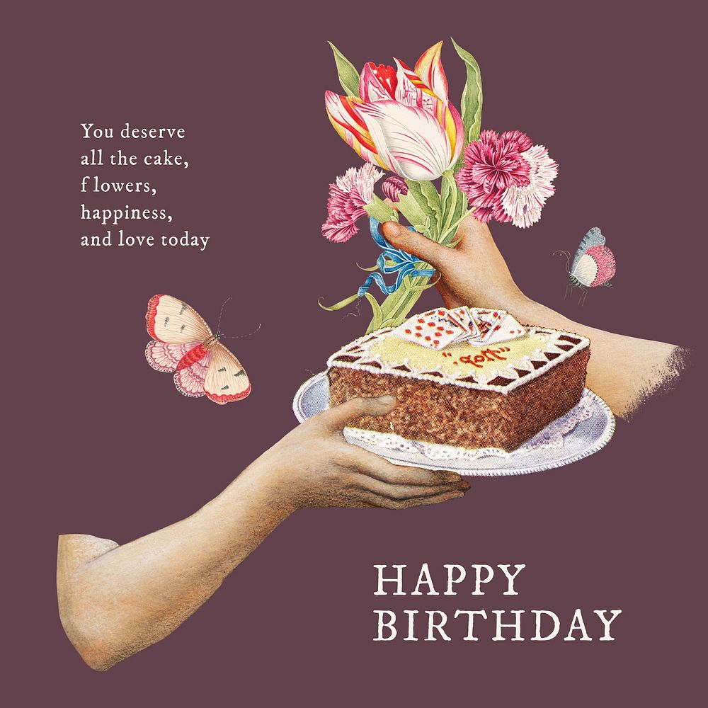 Vintage flower, birthday greeting card Instagram post template