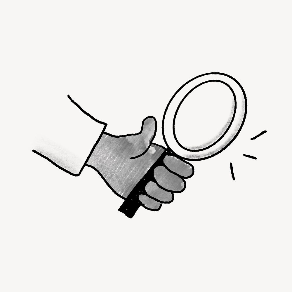 Hand holding magnifying glass, doodle illustration