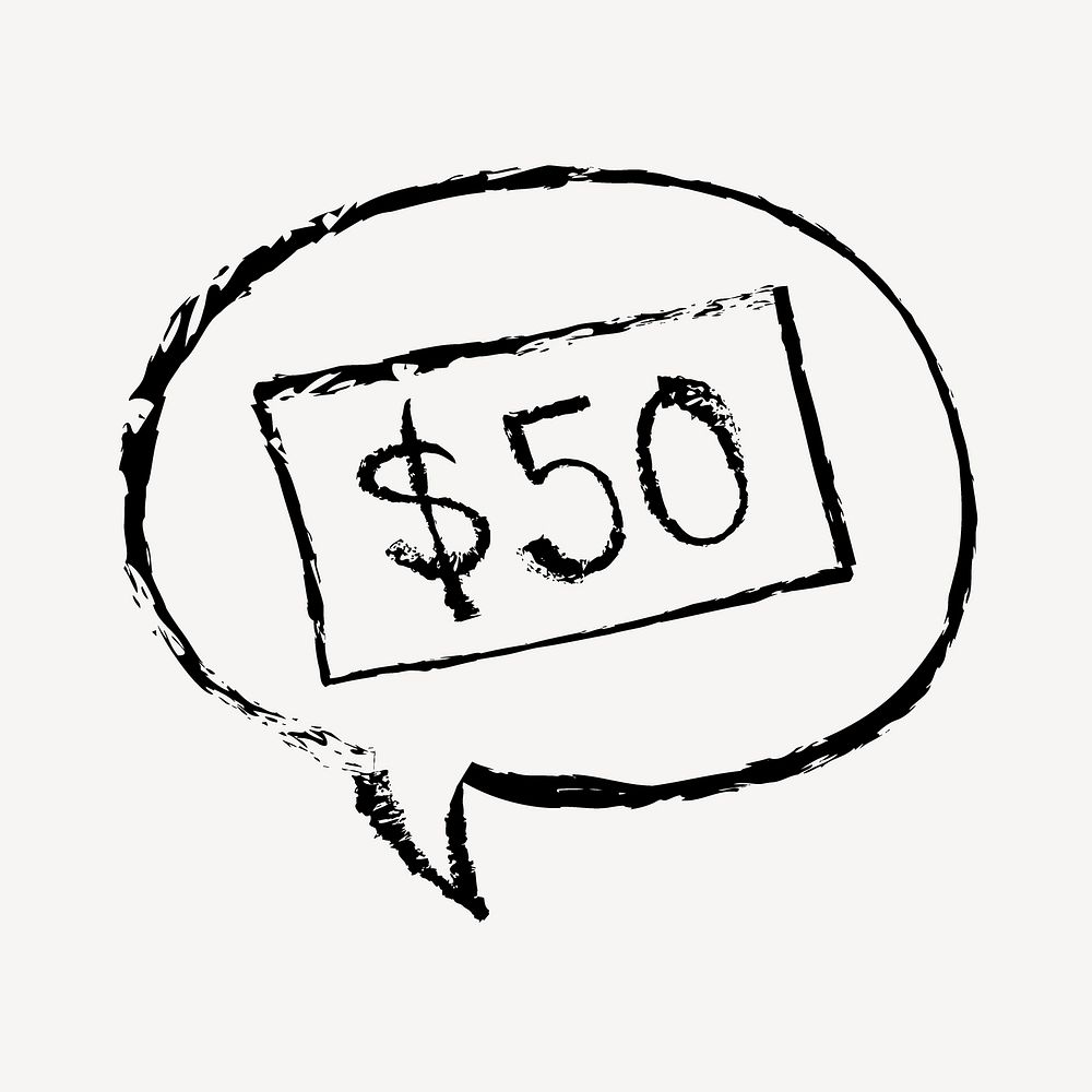50 dollar note, speech bubble doodle, illustration vector