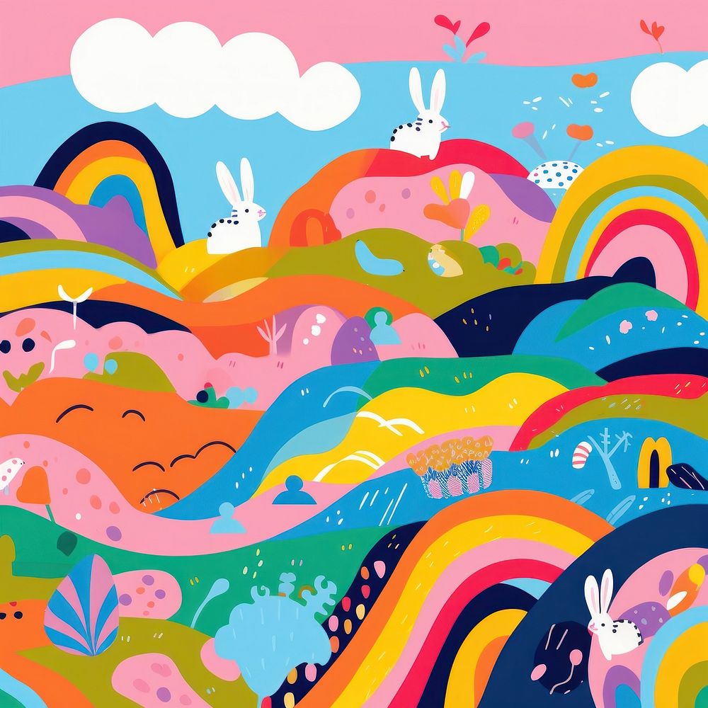Vibrant rainbow and rabbit pattern painting graphics drawing. AI generated Image by rawpixel.