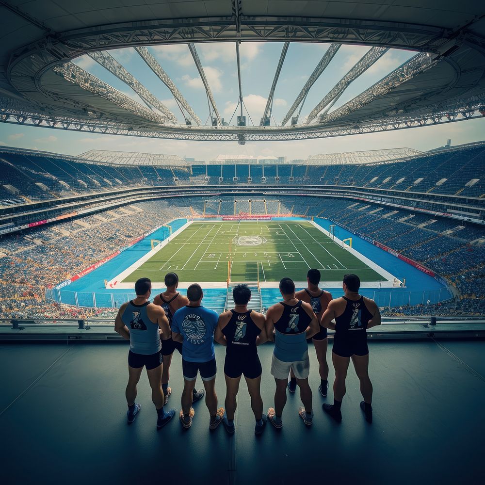 Men Wrestling football stadium sports. AI generated Image by rawpixel.