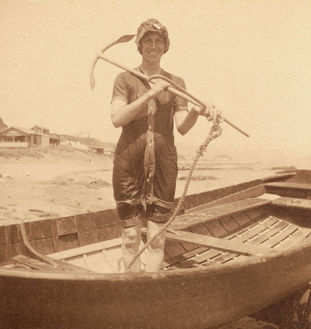 "A sea-lady": 'Maud and I visit Te Rewarewa Head, Feb. 5. 1920'. From the album: Family photograph album; 1917 - 1920;…