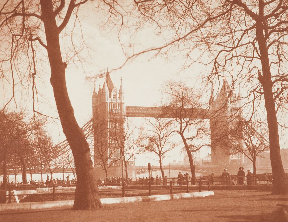 The Tower Bridge from the Tower grounds. From the album: Photograph album - London (1920s) by Harry Moult.