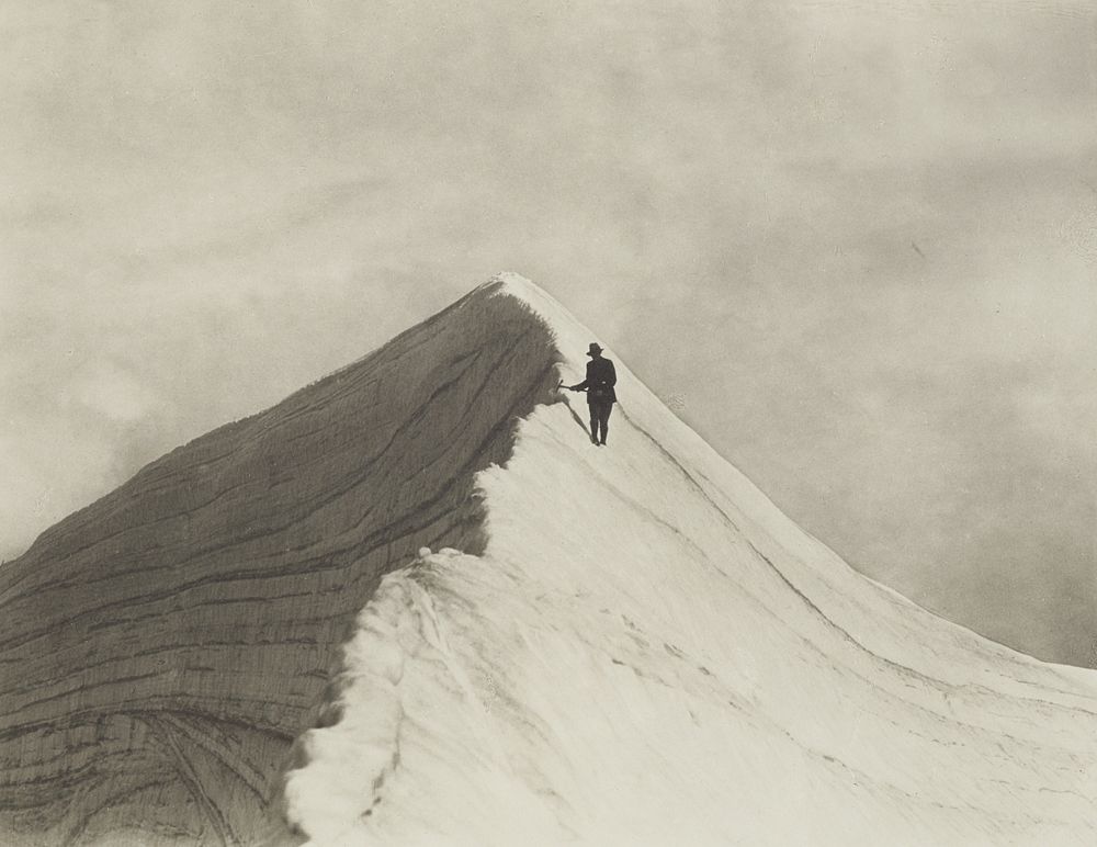 Traversing Annette wind ridge by chief guide F. Milne, Mt Cook district. From the album: Record Pictures of New Zealand…