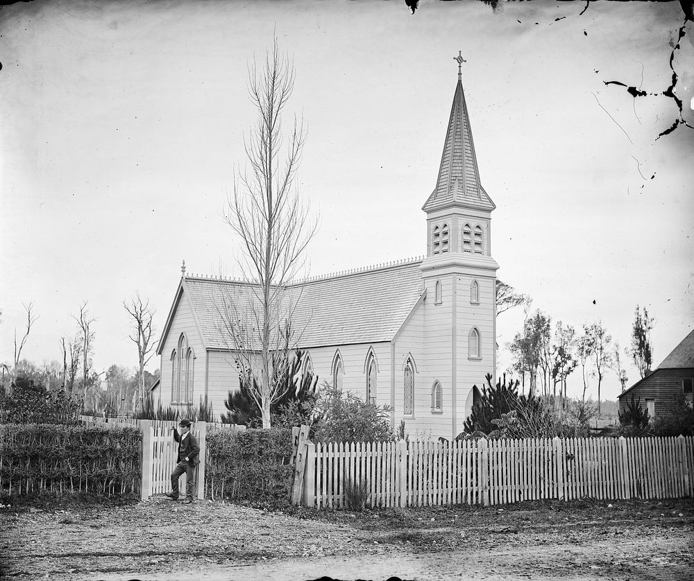 Church with a wooden spire (circa 1878) by James Bragge.