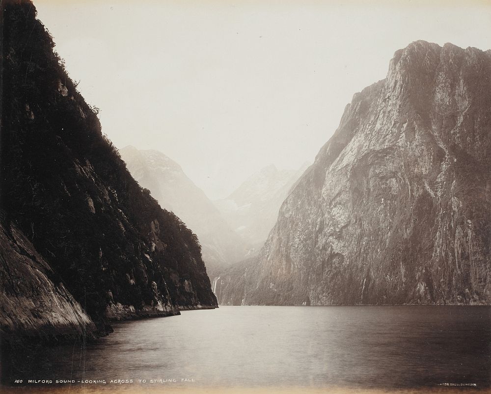 Milford Sound, looking across to Stirling Fall (circa 1888) by Burton Brothers and Alfred Burton.