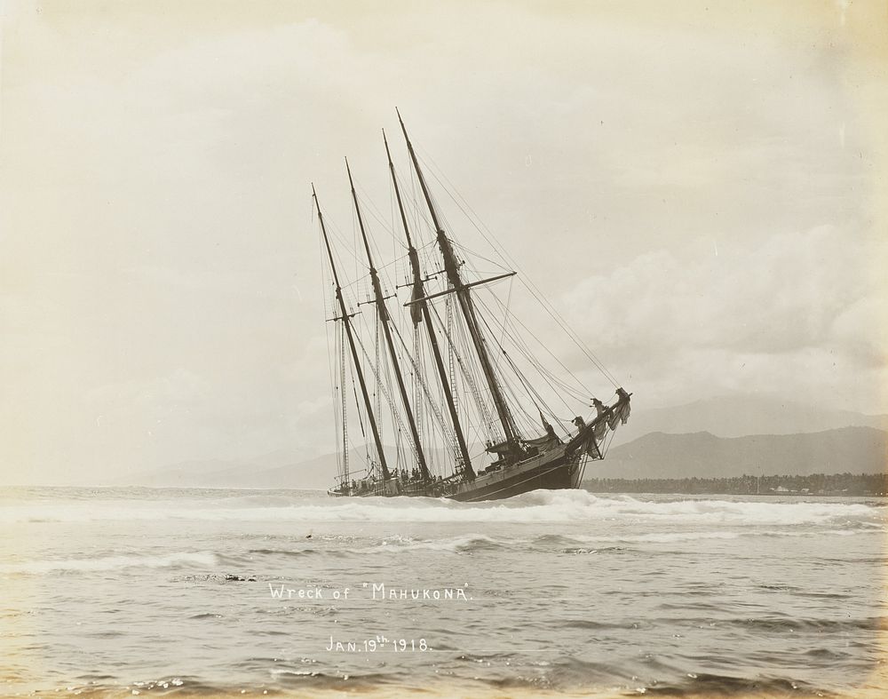 Wreck of 'Mahukona'.  From the album: Samoa (19 January 1918) by Alfred James Tattersall.