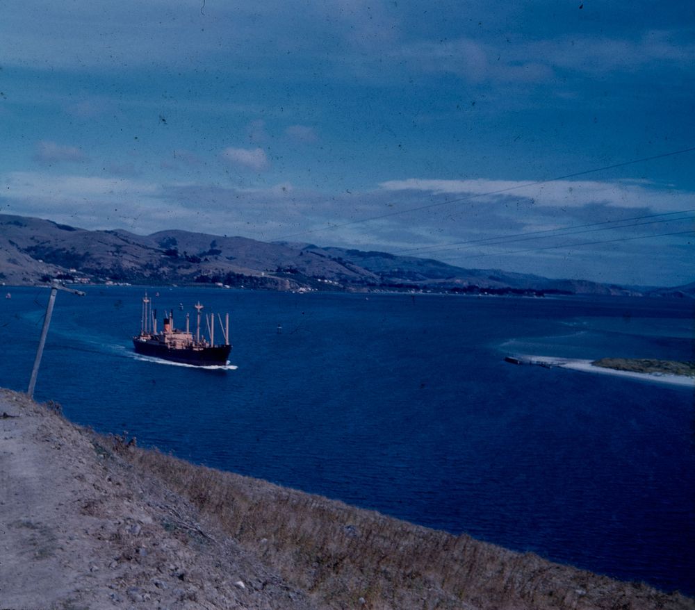 Otago Harbour from Lighthouse Road, coastal steamer Waimea leaving port (02 April 1959) by Leslie Adkin.